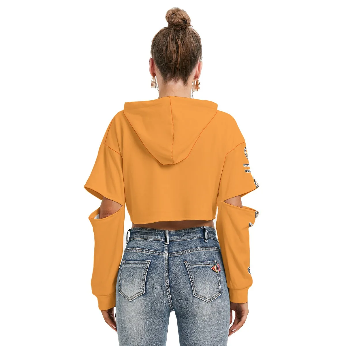 All Officially Sexy Halloween Collection Black and Orange Bats Women's Heavy Fleece Cropped Hoodie With Hollow Out Sleeves (English)