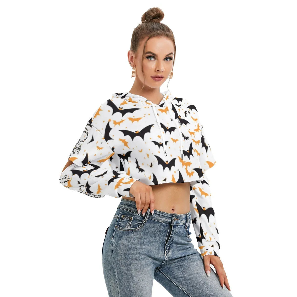 All Officially Sexy Halloween Collection Black and Orange Bats Women's Heavy Fleece Cropped Hoodie With Hollow Out Sleeves (English)