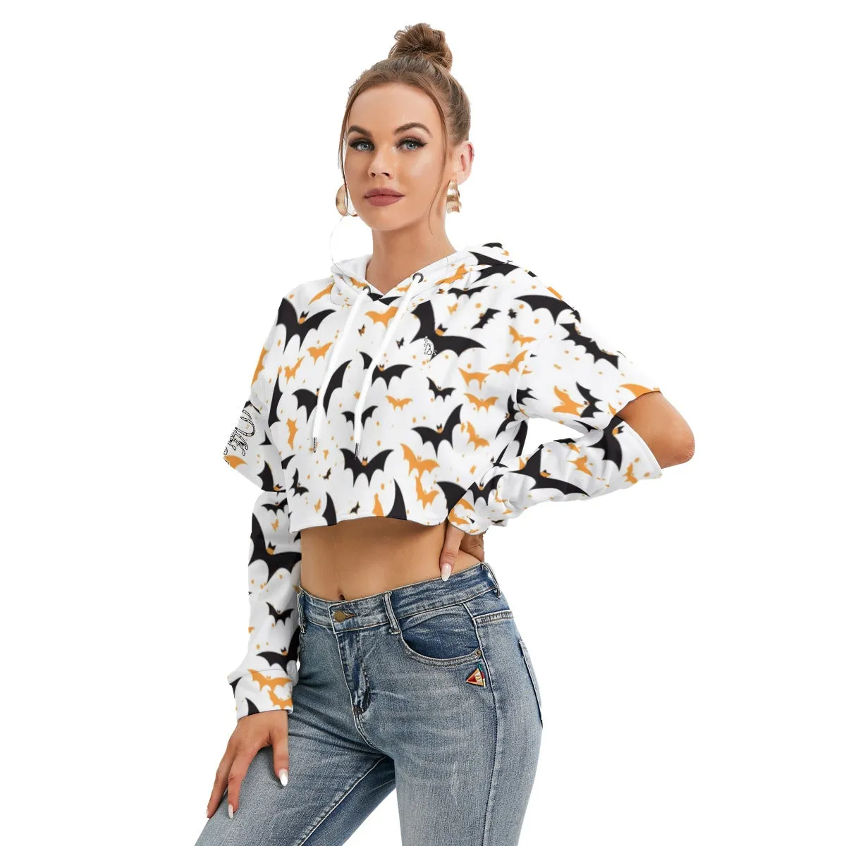 All Officially Sexy Halloween Collection Black and Orange Bats Women's Heavy Fleece Cropped Hoodie With Hollow Out Sleeves (English)