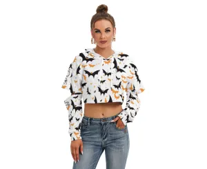 All Officially Sexy Halloween Collection Black and Orange Bats Women's Heavy Fleece Cropped Hoodie With Hollow Out Sleeves (English)