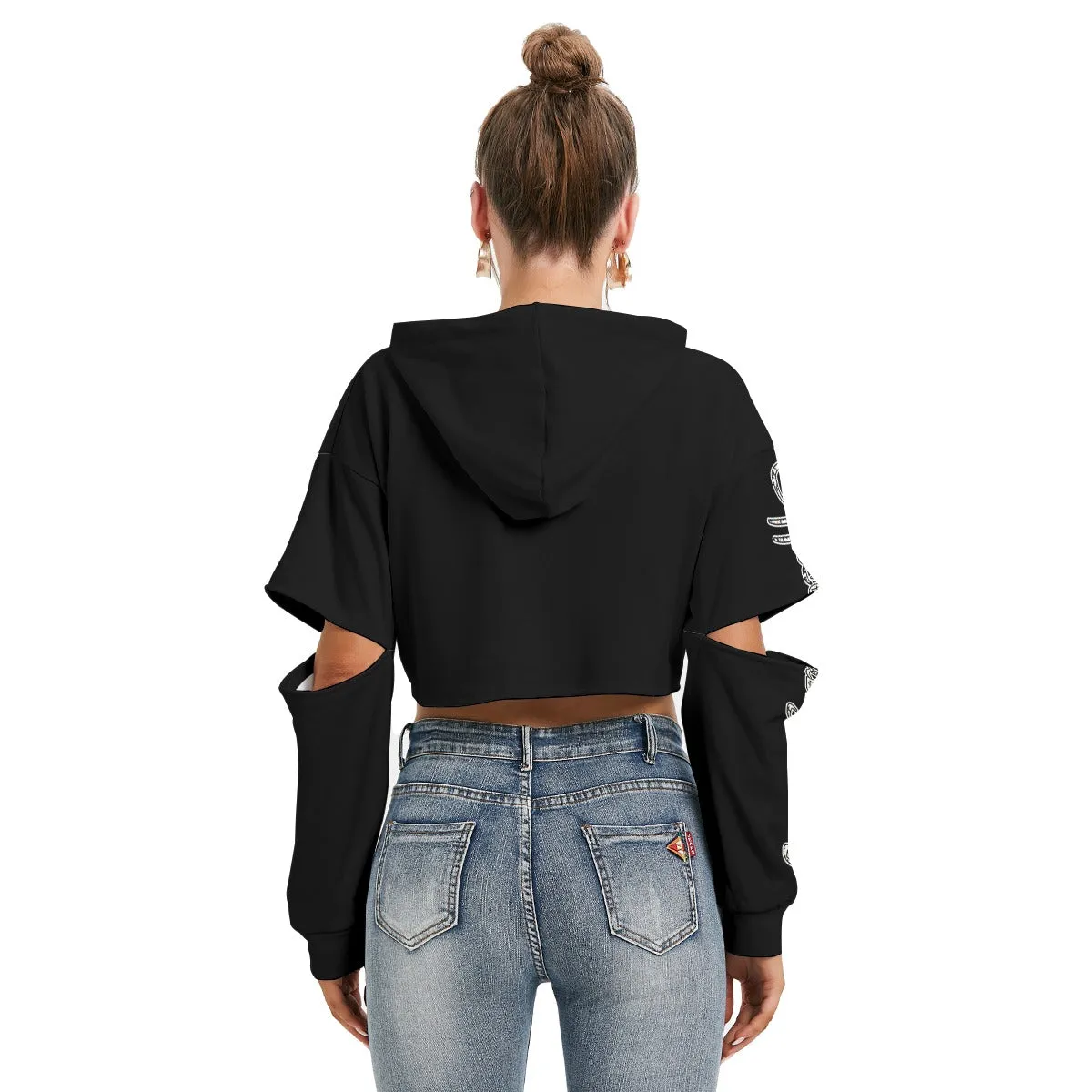 All Officially Sexy Halloween Collection Black and Orange Bats Women's Heavy Fleece Cropped Hoodie With Hollow Out Sleeves (English)