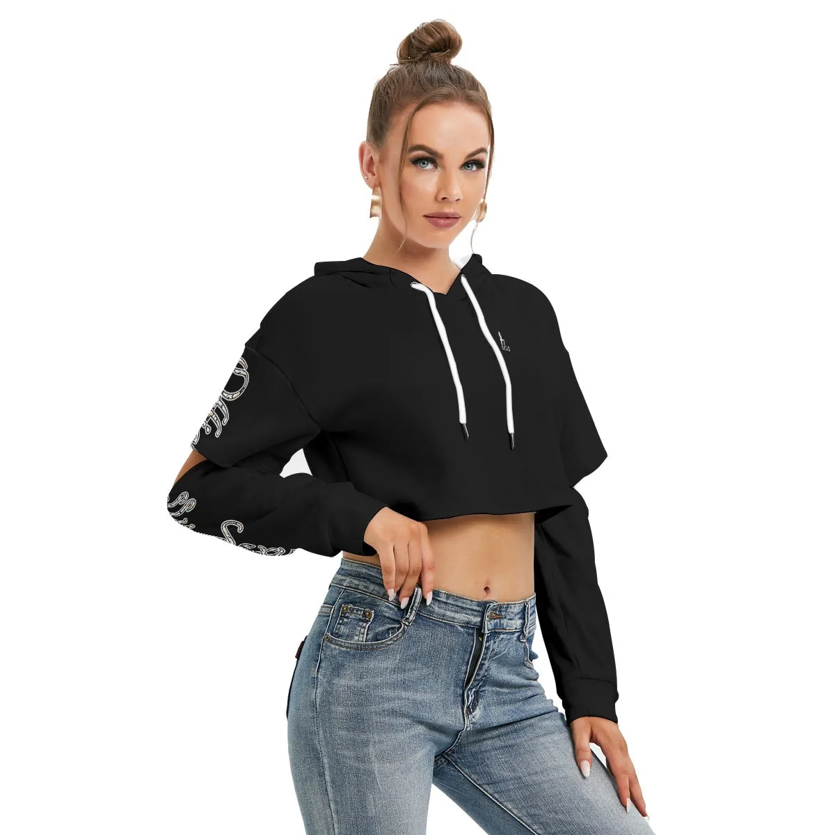 All Officially Sexy Halloween Collection Black and Orange Bats Women's Heavy Fleece Cropped Hoodie With Hollow Out Sleeves (English)