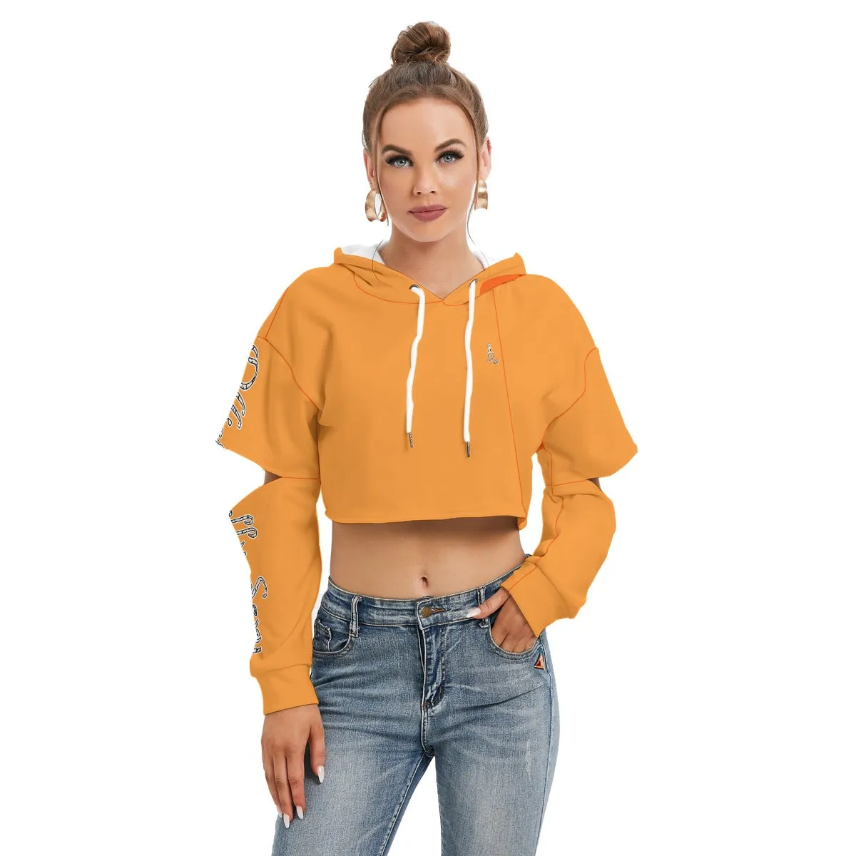 All Officially Sexy Halloween Collection Black and Orange Bats Women's Heavy Fleece Cropped Hoodie With Hollow Out Sleeves (English)