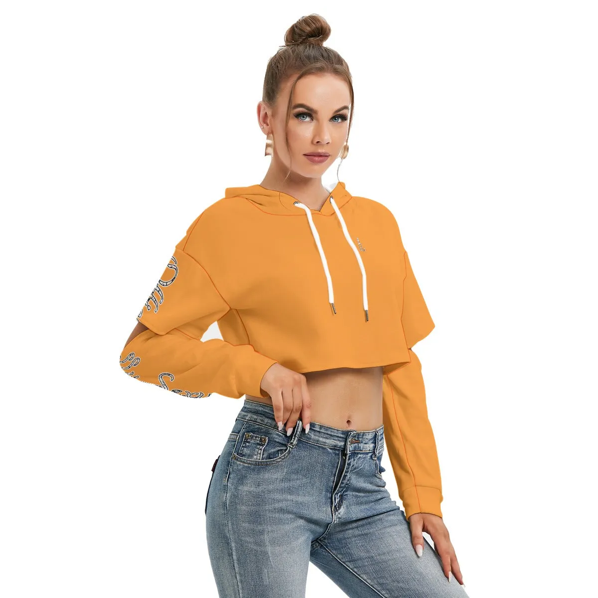 All Officially Sexy Halloween Collection Black and Orange Bats Women's Heavy Fleece Cropped Hoodie With Hollow Out Sleeves (English)