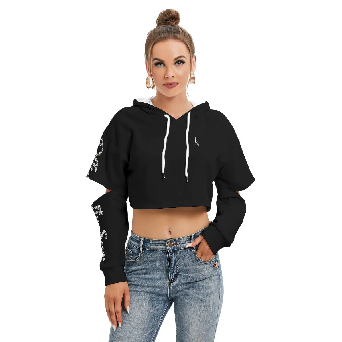 All Officially Sexy Halloween Collection Black and Orange Bats Women's Heavy Fleece Cropped Hoodie With Hollow Out Sleeves (English)