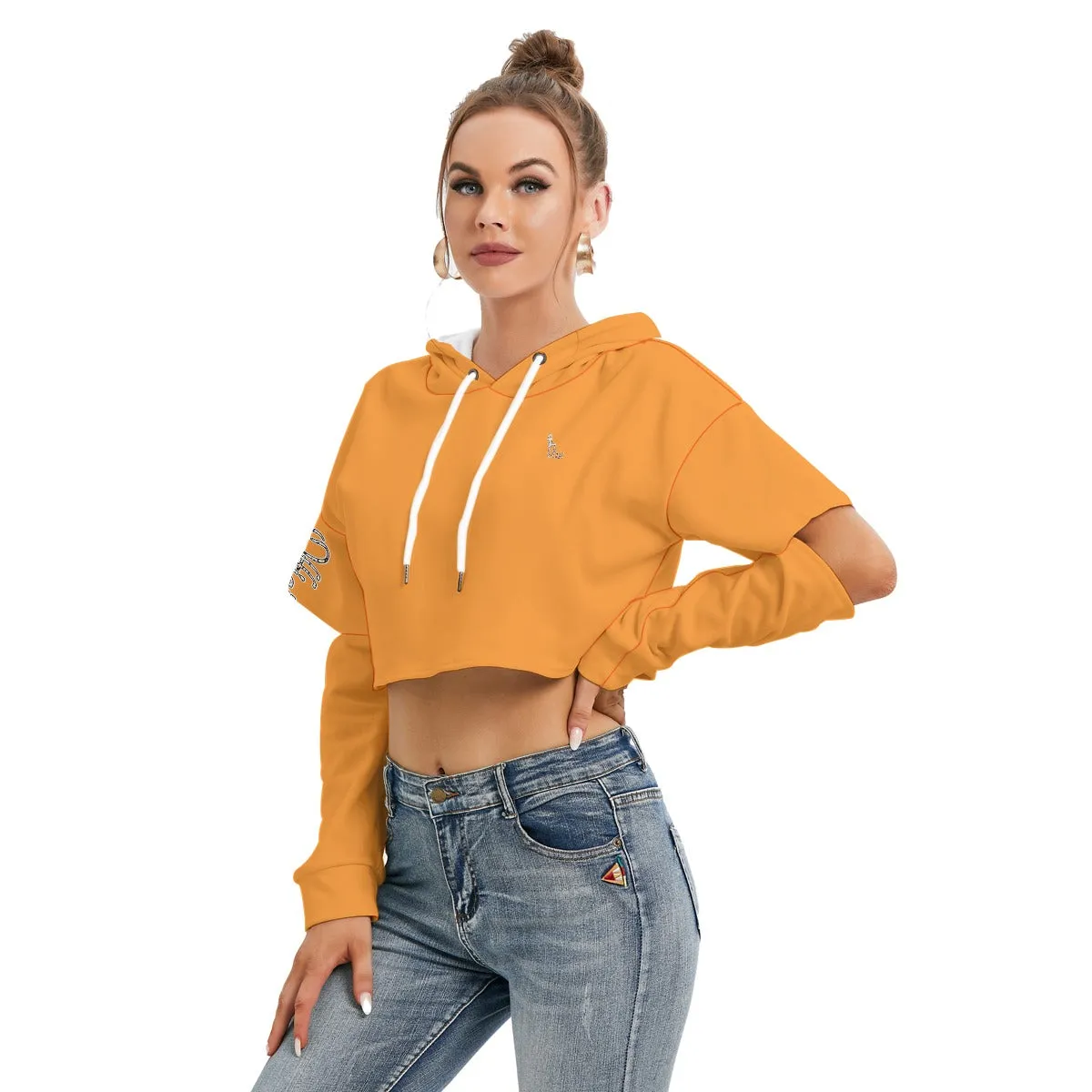 All Officially Sexy Halloween Collection Black and Orange Bats Women's Heavy Fleece Cropped Hoodie With Hollow Out Sleeves (English)