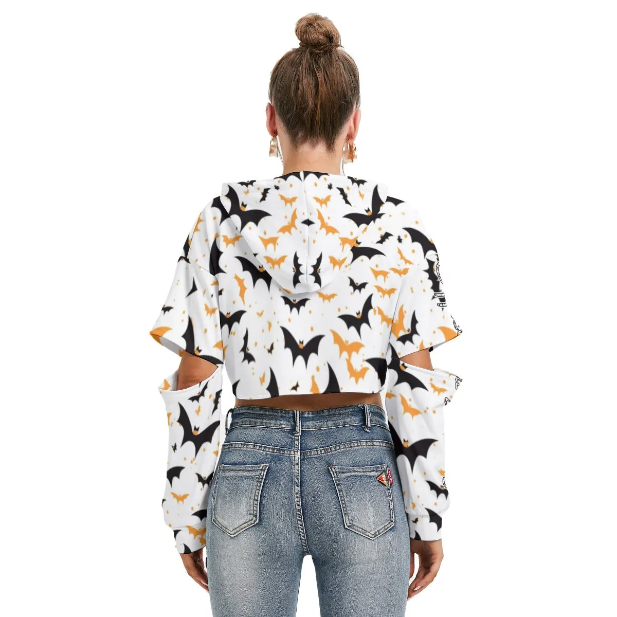 All Officially Sexy Halloween Collection Black and Orange Bats Women's Heavy Fleece Cropped Hoodie With Hollow Out Sleeves (English)