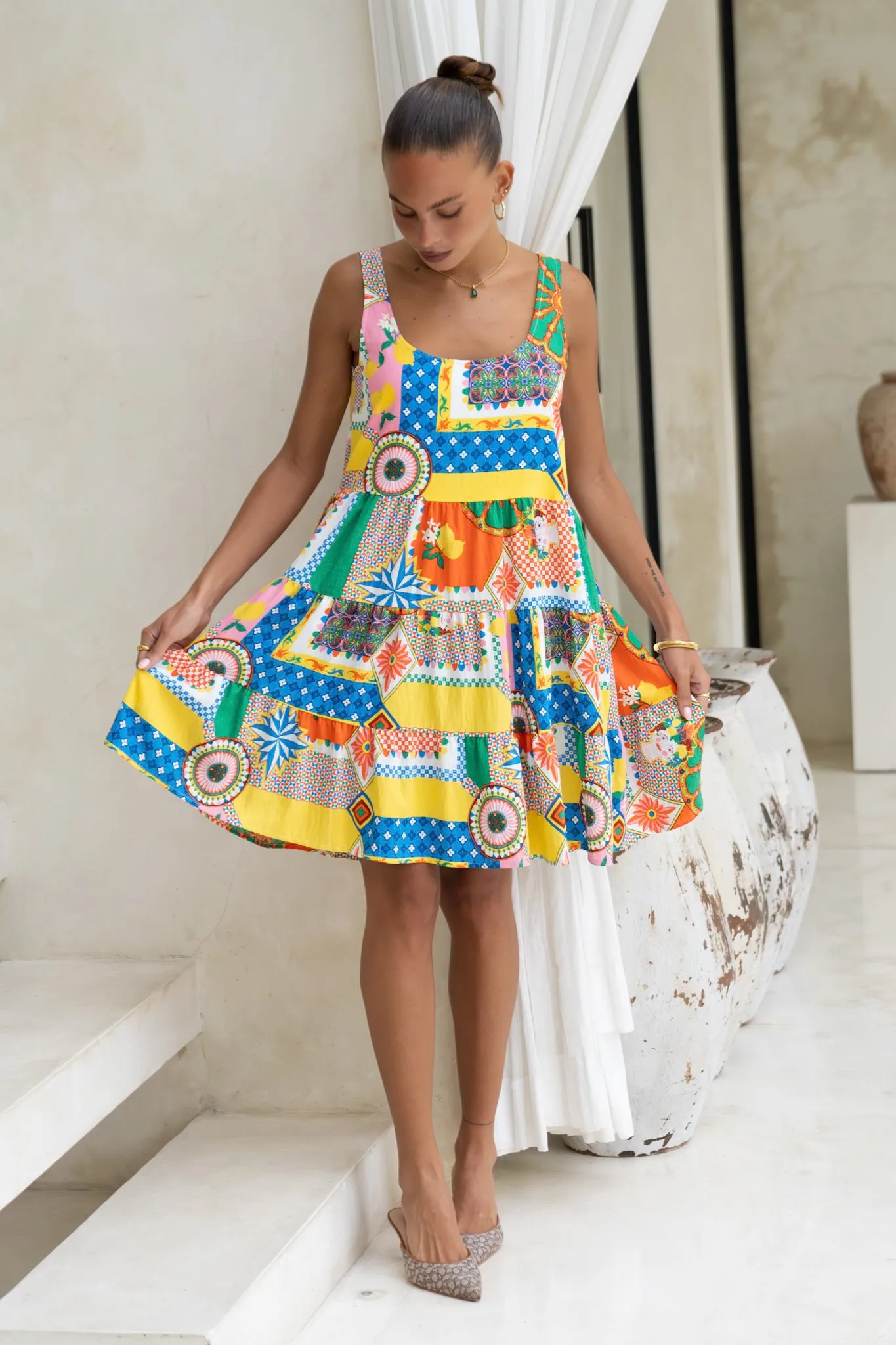 Allegra Multicolour Patchwork Scoop Neck Mini Dress