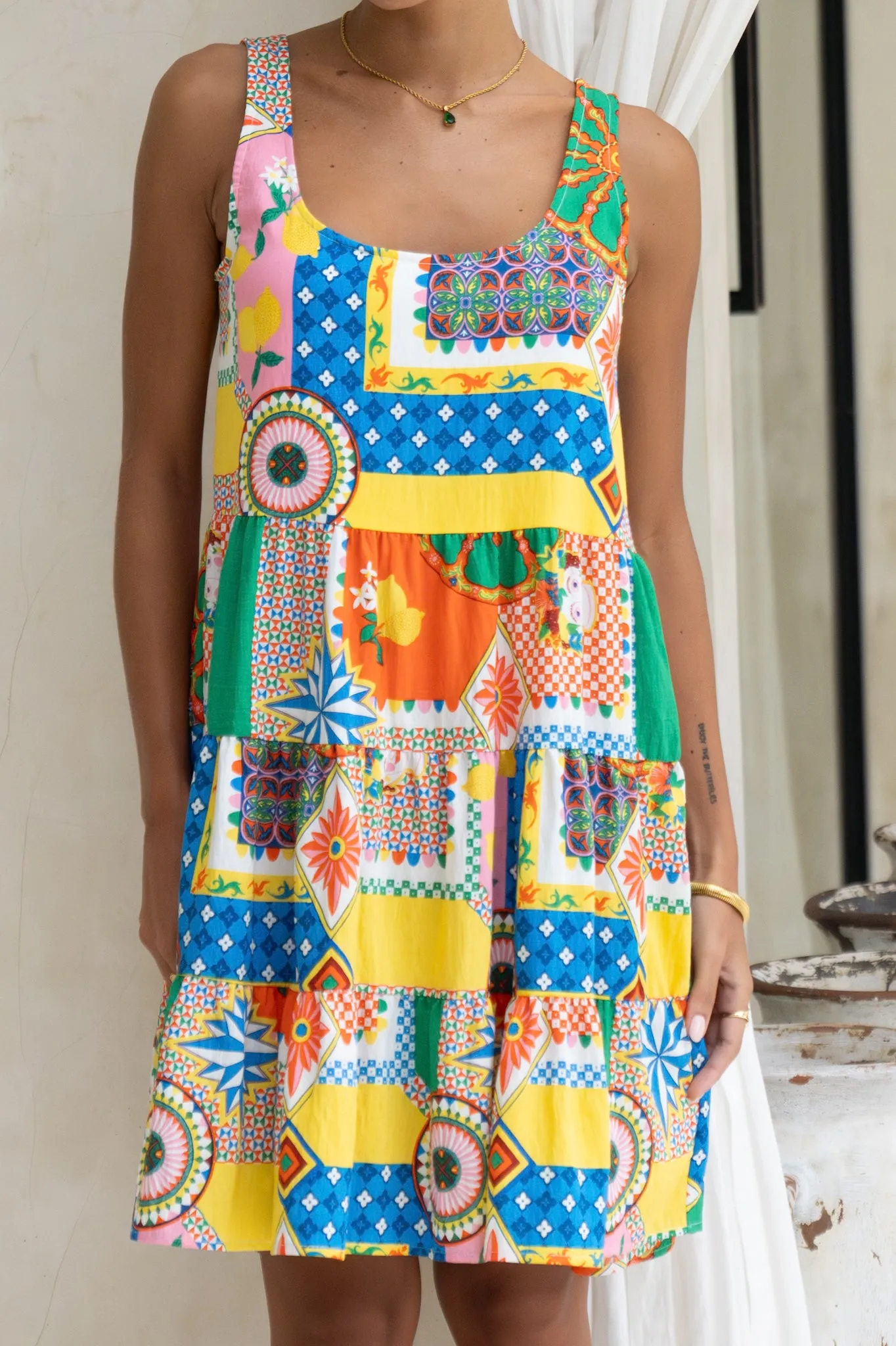 Allegra Multicolour Patchwork Scoop Neck Mini Dress