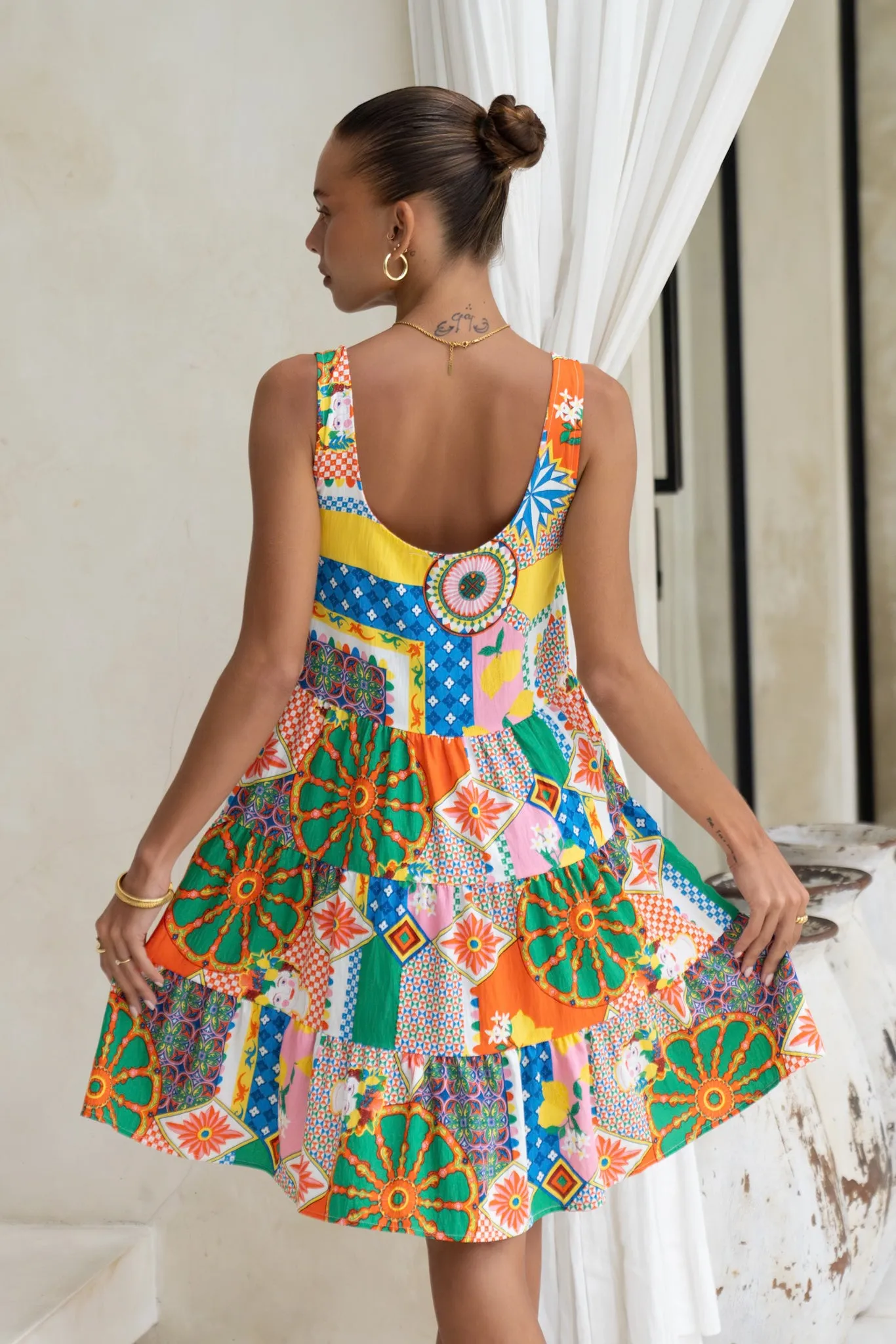 Allegra Multicolour Patchwork Scoop Neck Mini Dress