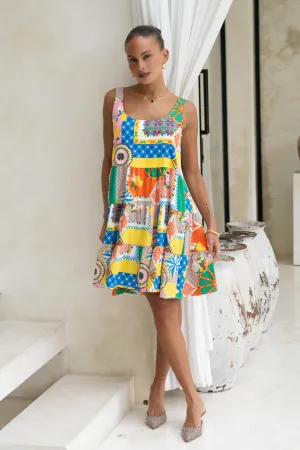 Allegra Multicolour Patchwork Scoop Neck Mini Dress