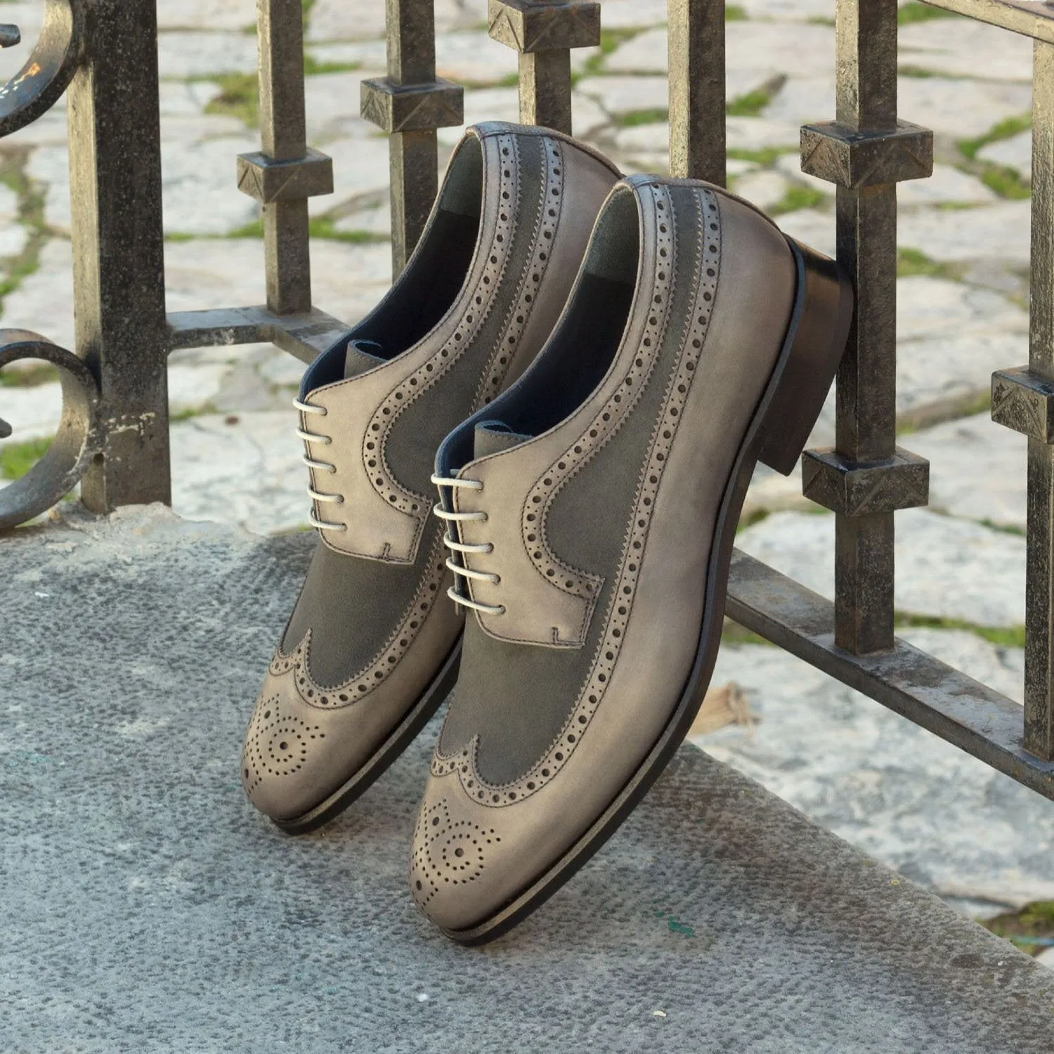 Ambrogio Men's Shoes Gray Suede / Full Grain / Calf-Skin Leather Wingtip Oxfords (AMB2095)