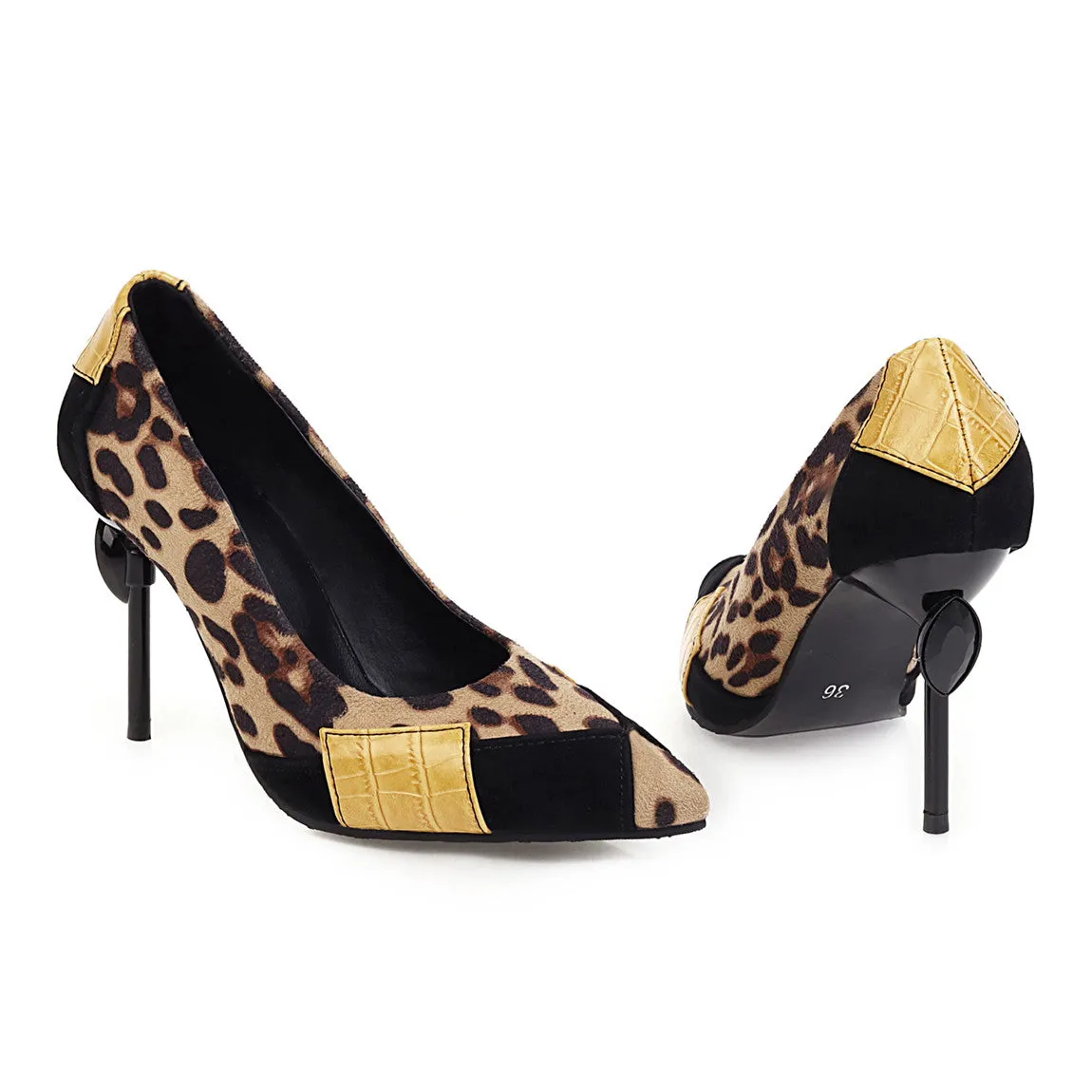 Bigsizeheels Stylish Leopard Slip-On Stiletto Heel Pointed Toe Sexy Thin Shoes - Black Leopard