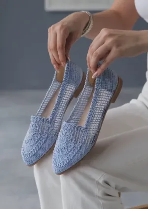 Blue Cotton Woven Embroidered Loafers