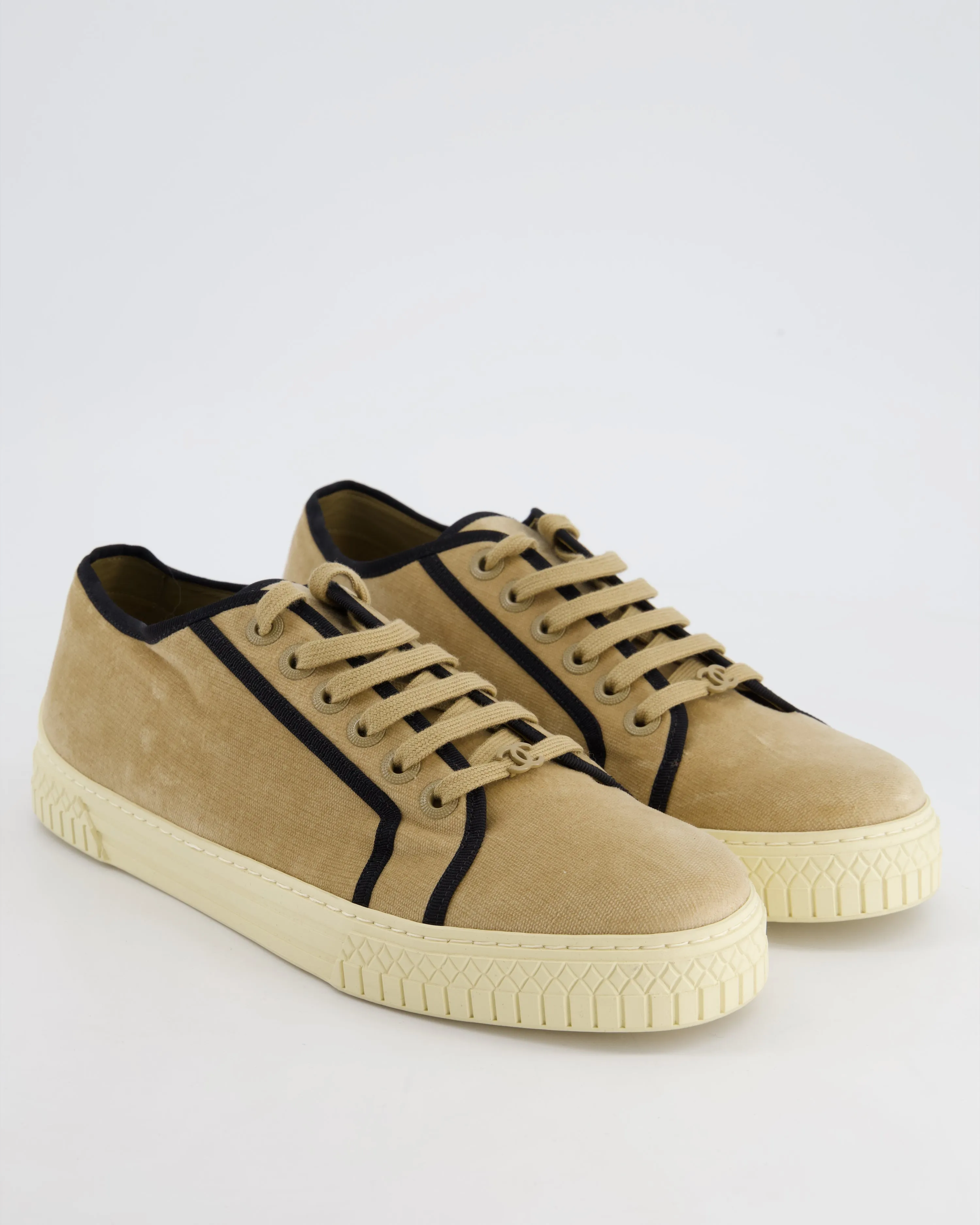 Chanel Beige Velvet Trainers With Black Trim Eu 40