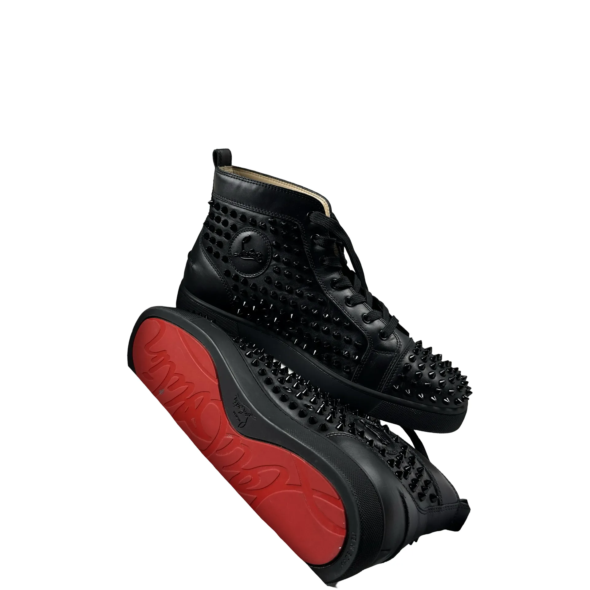Christian Louboutin Black Spikes Red Bottom High Top Trainers - UK 9