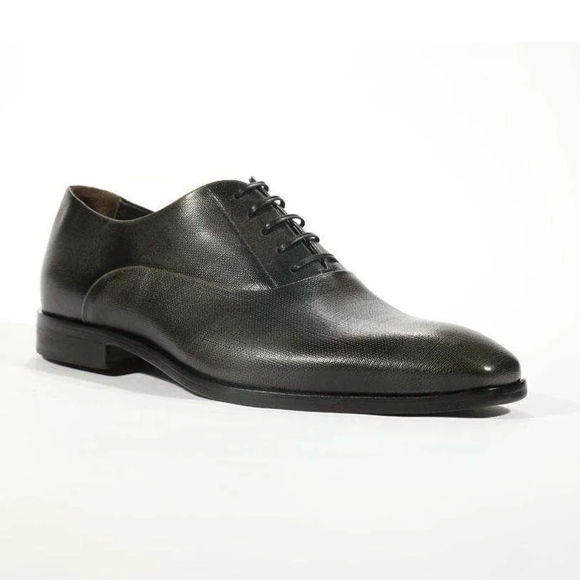 Corvari Designer Men's Designer Shoes Lino 515 Antracite Black Textured Leather Oxfords (COR1002)