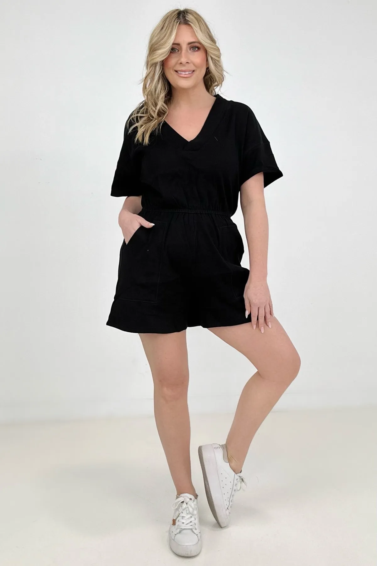 Drop Shoulder V-Neck Romper With Pockets