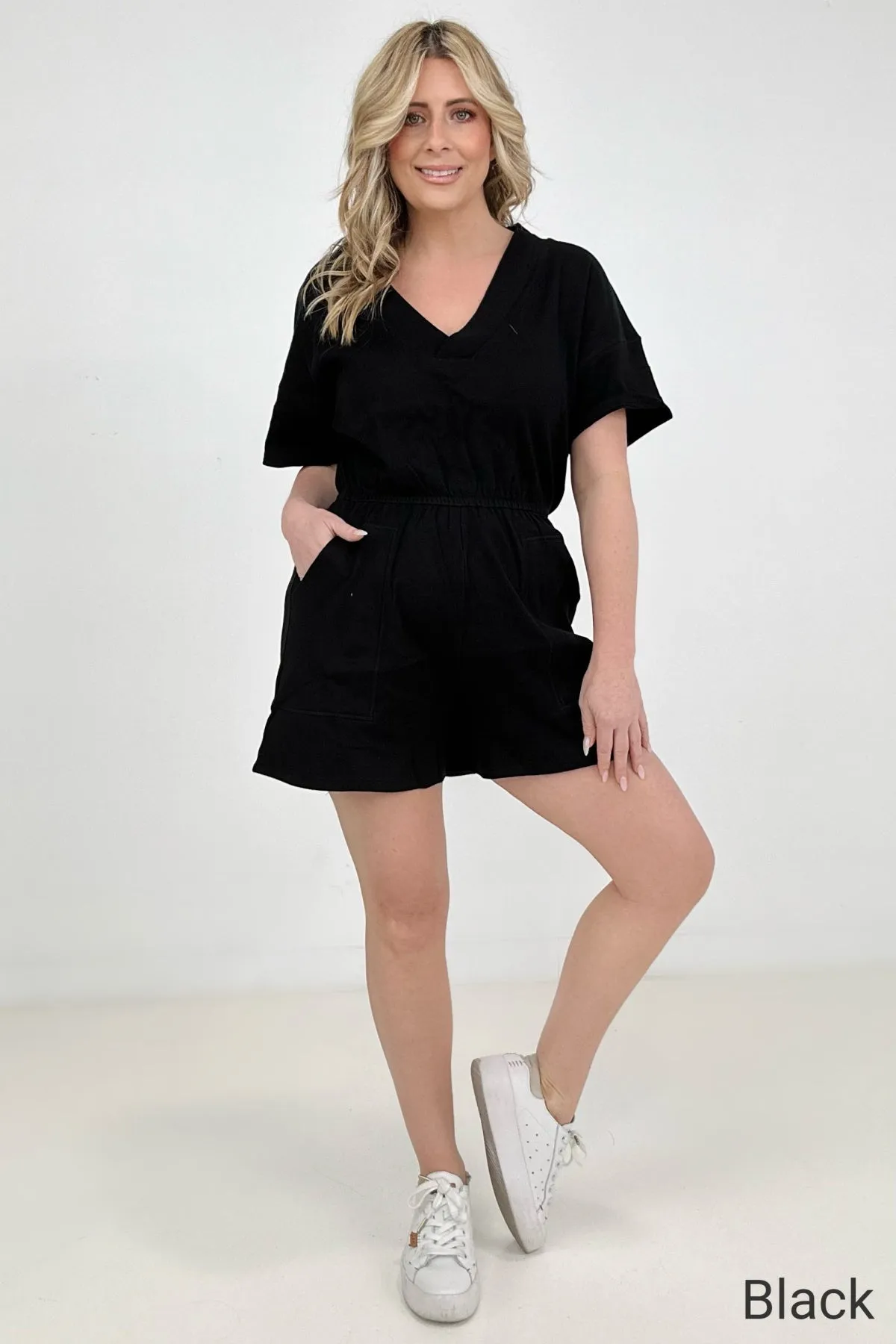 Drop Shoulder V-Neck Romper With Pockets