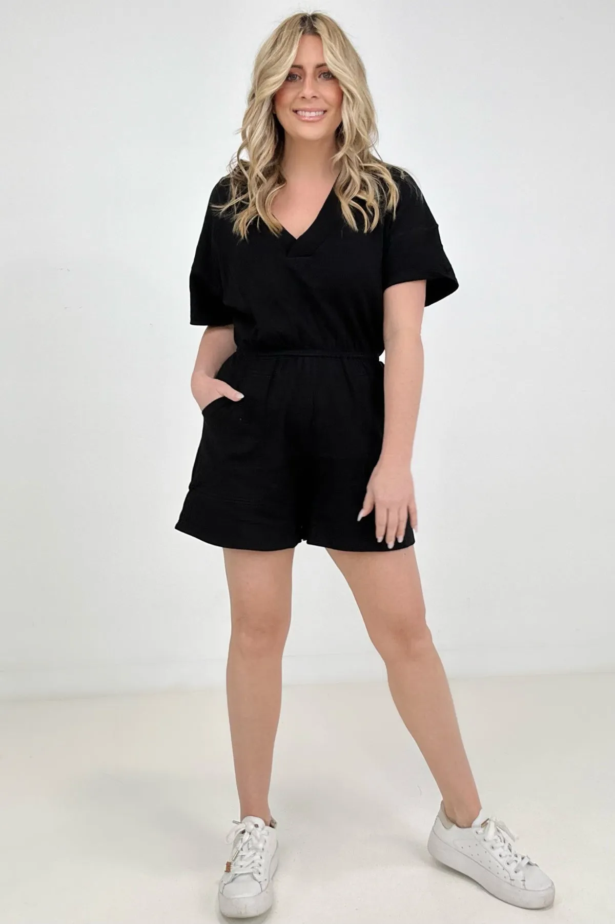 Drop Shoulder V-Neck Romper With Pockets