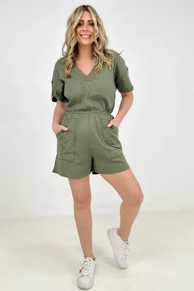 Drop Shoulder V-Neck Romper With Pockets