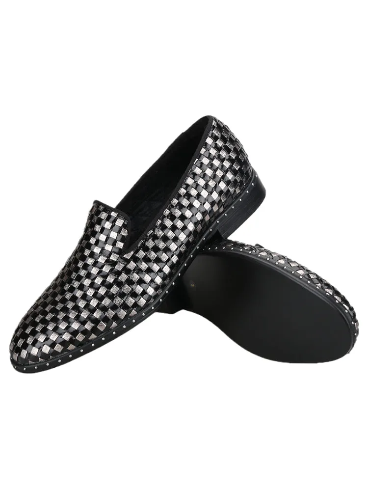 Exported to Europe and the United States first-layer cowhide black and gray woven checkerboard patent leather men's loafers handmade large sole foam studs
