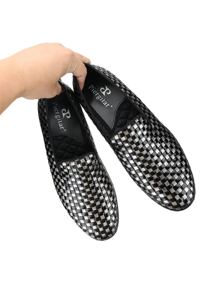 Exported to Europe and the United States first-layer cowhide black and gray woven checkerboard patent leather men's loafers handmade large sole foam studs