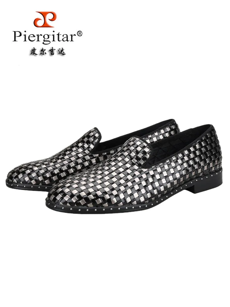 Exported to Europe and the United States first-layer cowhide black and gray woven checkerboard patent leather men's loafers handmade large sole foam studs