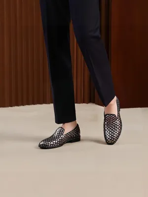 Exported to Europe and the United States first-layer cowhide black and gray woven checkerboard patent leather men's loafers handmade large sole foam studs