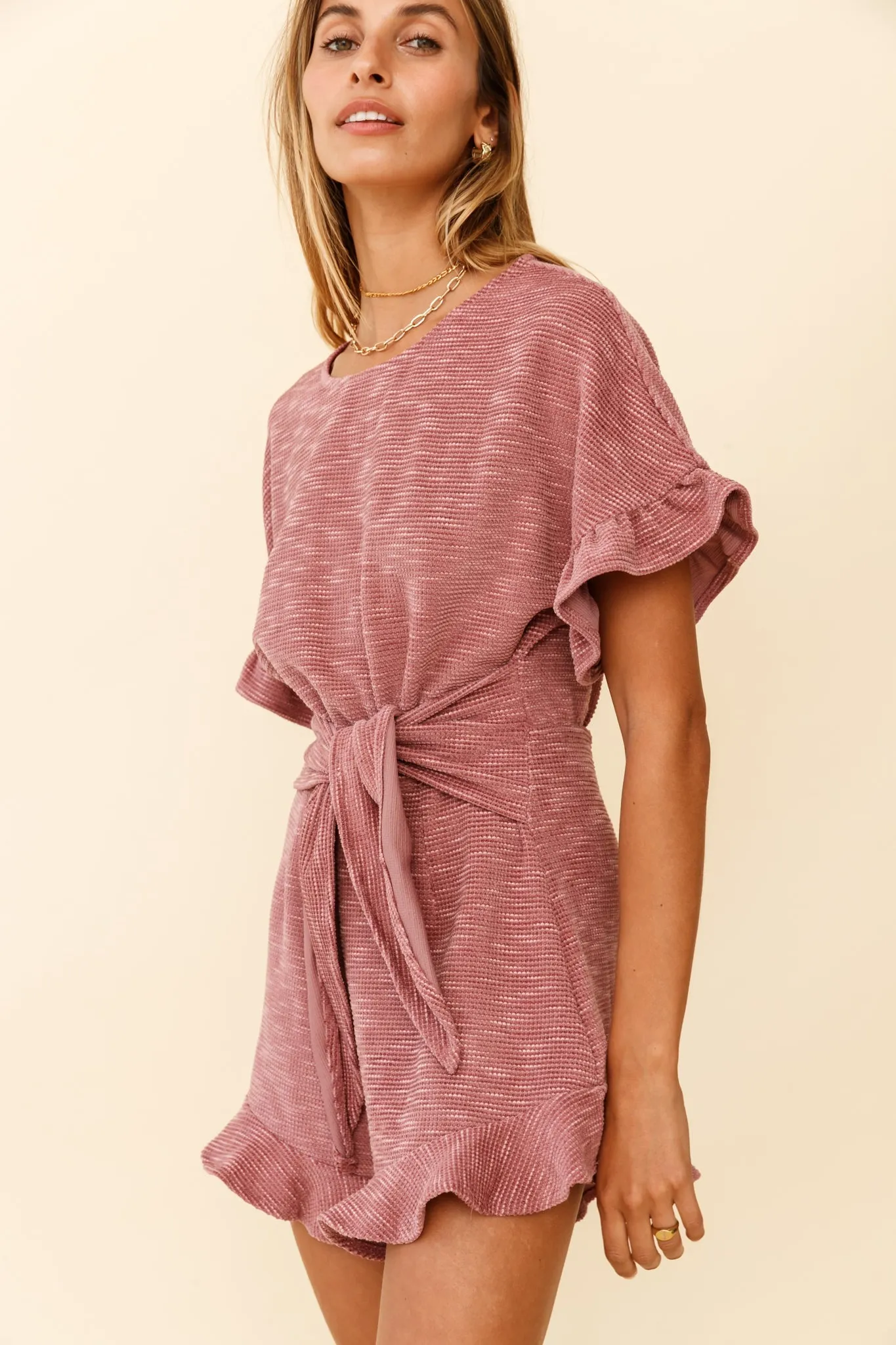 Feelin' Blessed Waist-Tie Frill Trim Romper Mauve