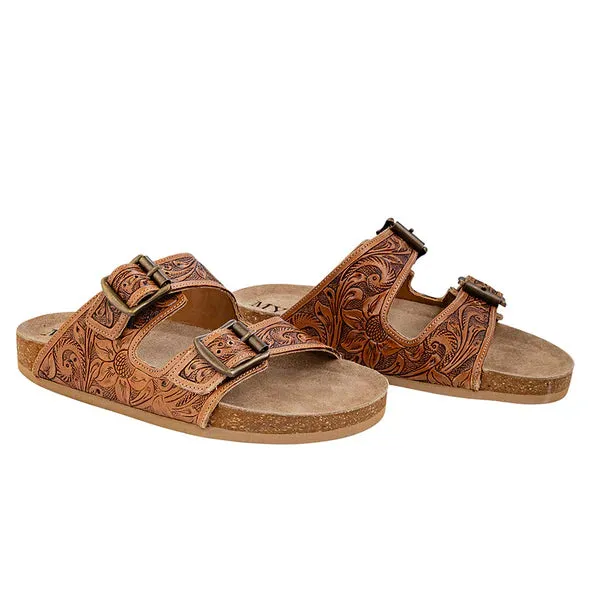 Footo Western Hand Tooled Leather Sandal - Sunflower print