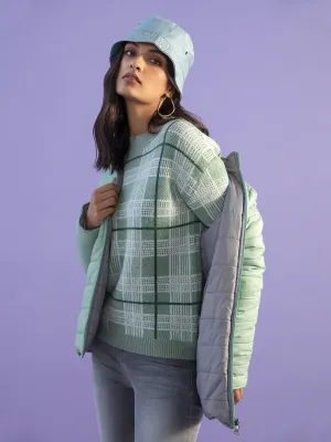 Green Checked Mock Neck Sweater