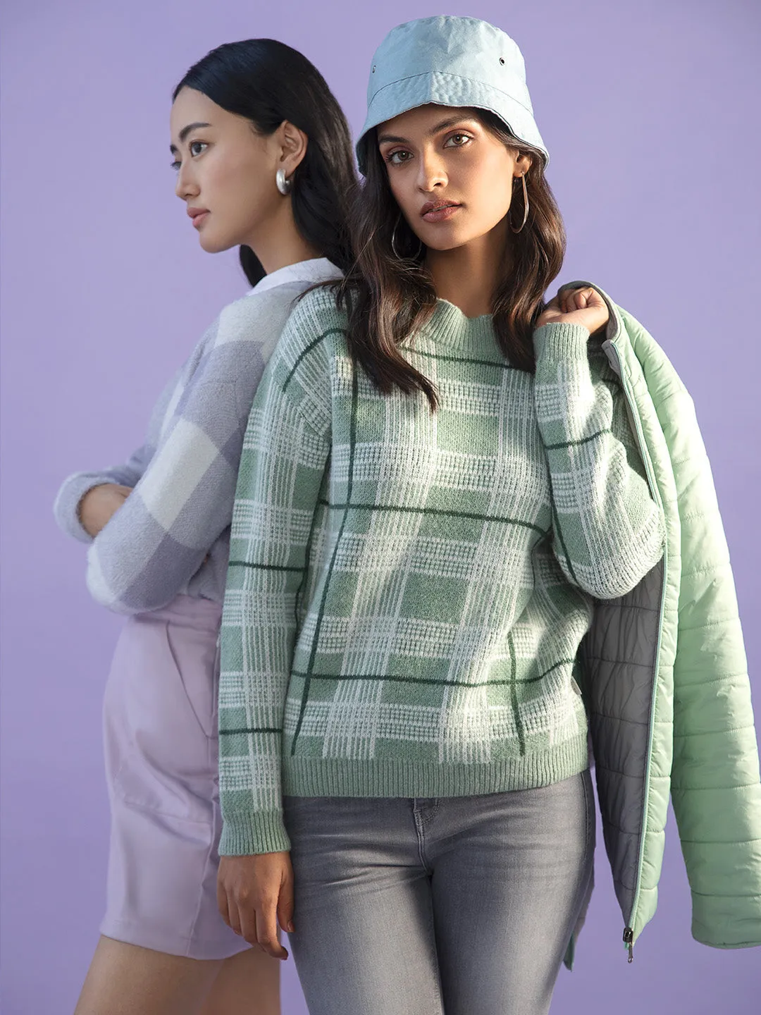 Green Checked Mock Neck Sweater