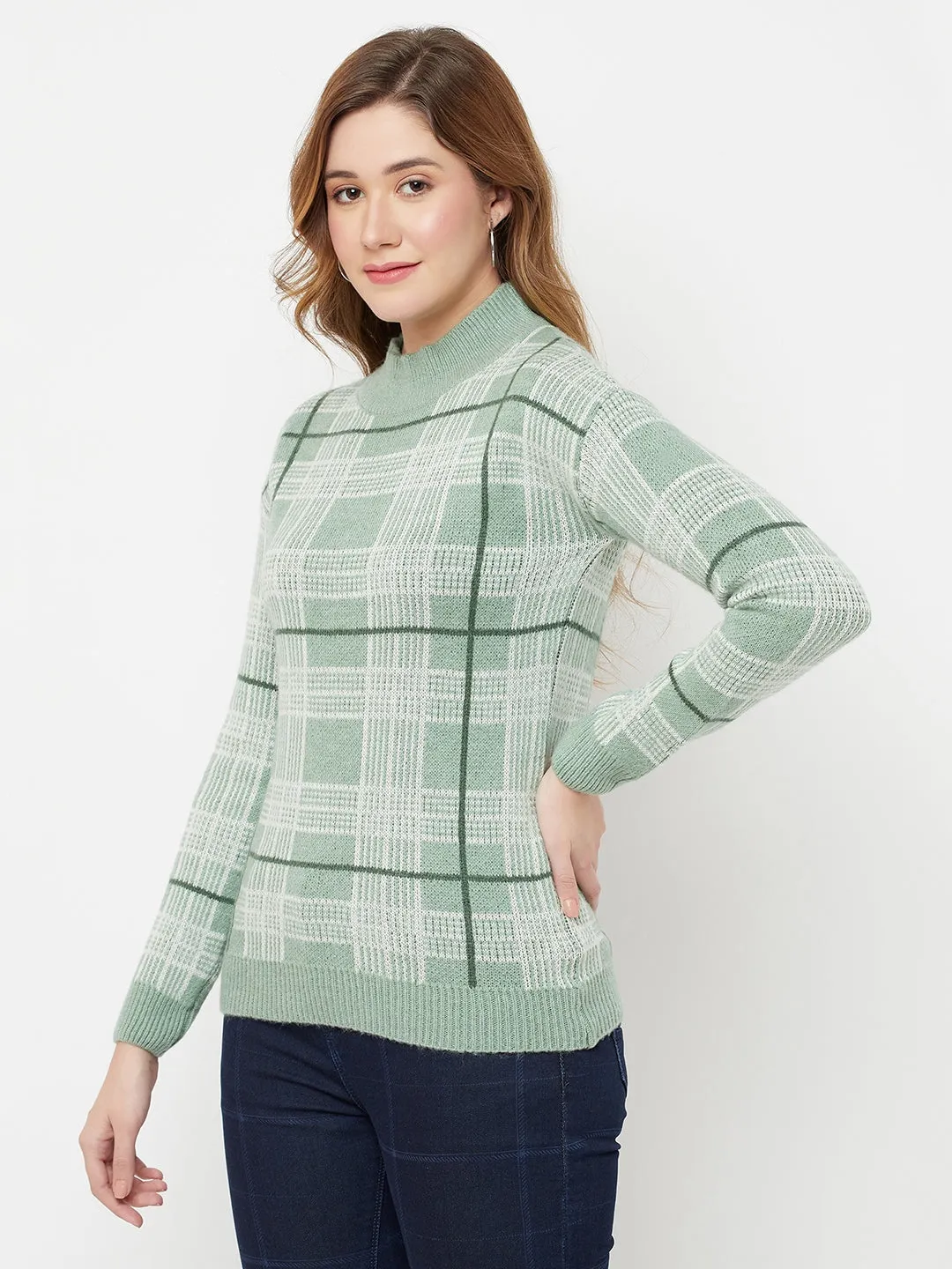 Green Checked Mock Neck Sweater