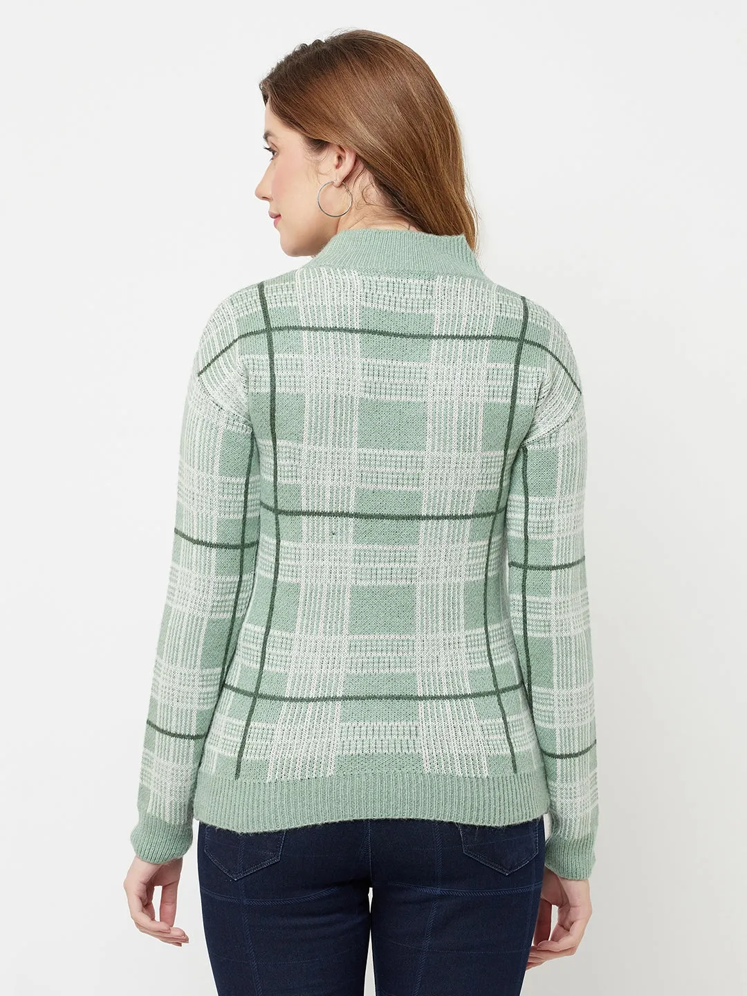 Green Checked Mock Neck Sweater