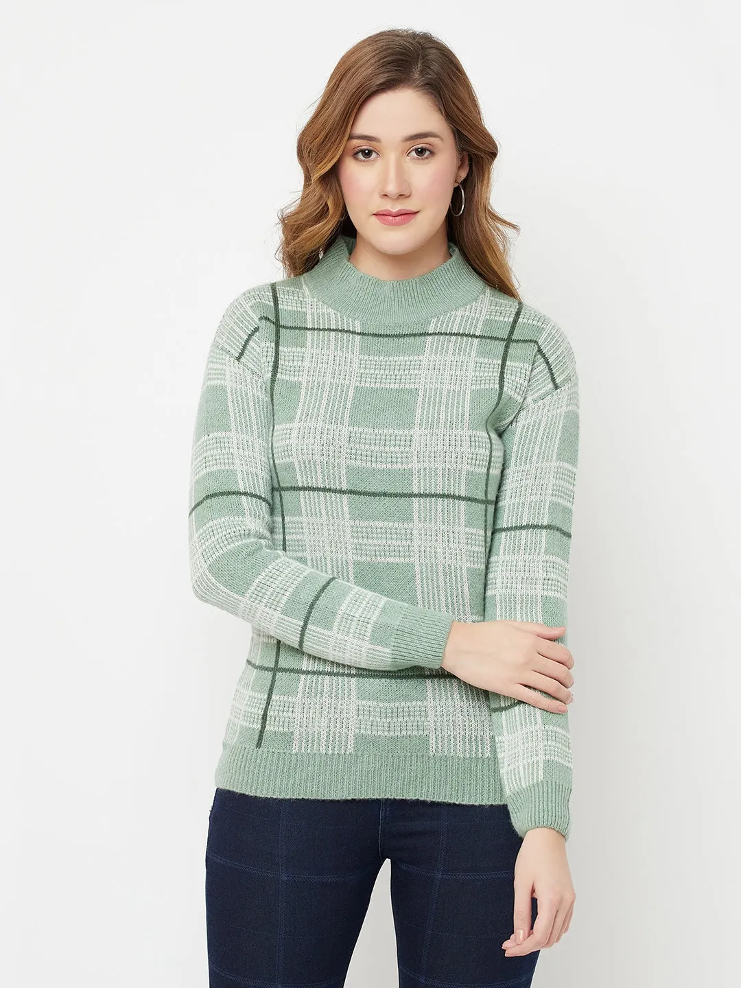 Green Checked Mock Neck Sweater