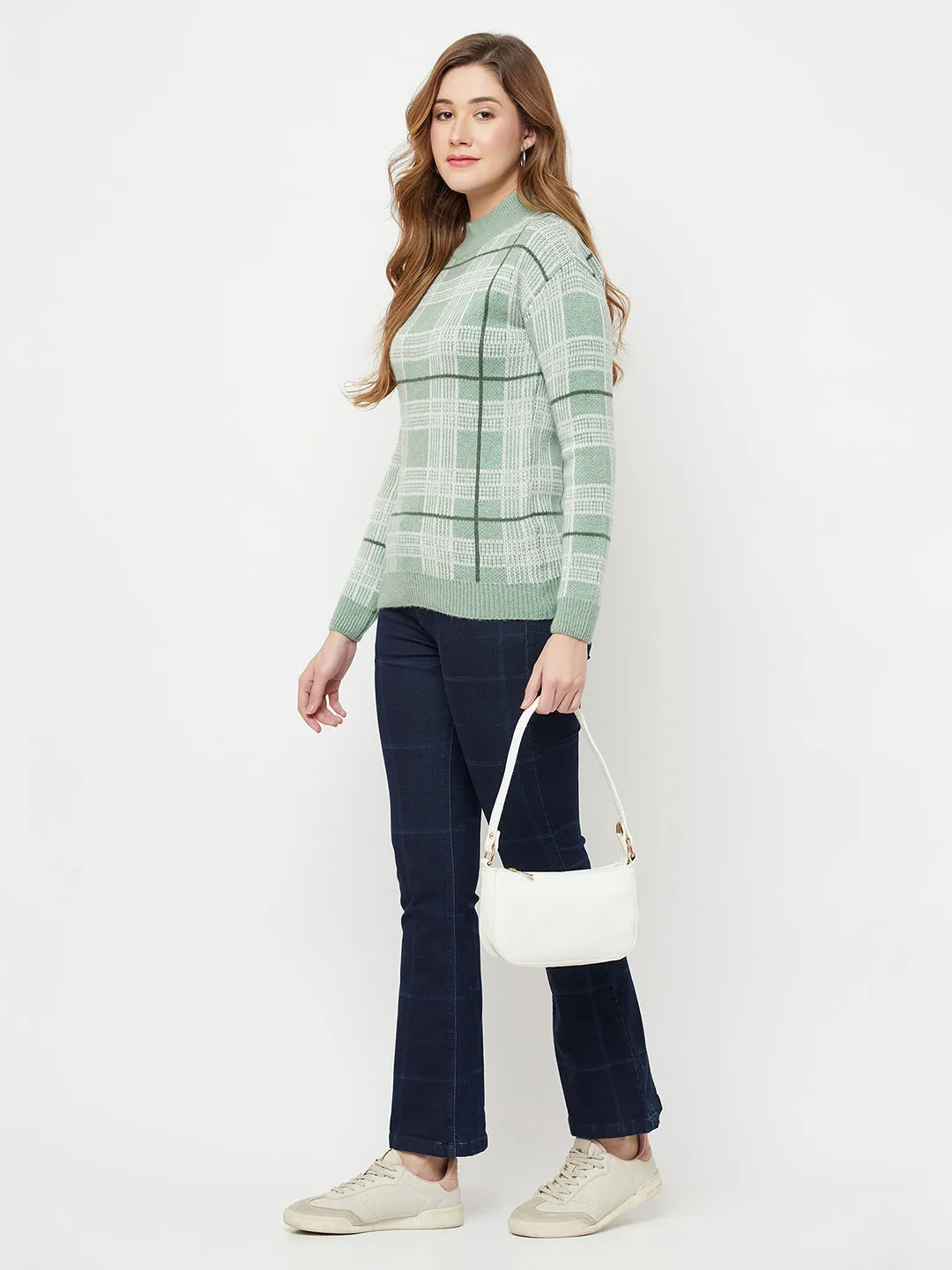 Green Checked Mock Neck Sweater