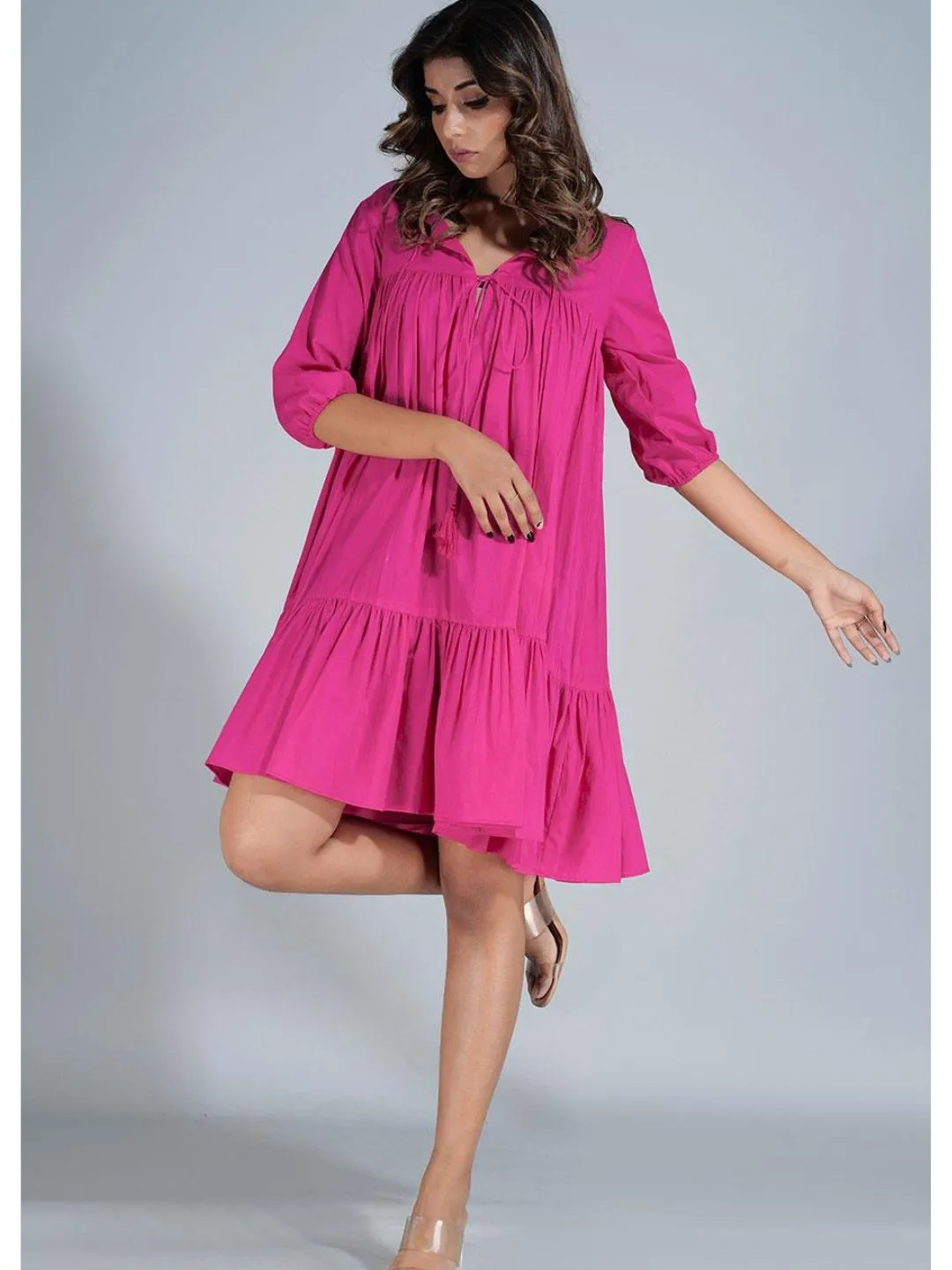 Hot Pink Cotton Mini Tier Dress
