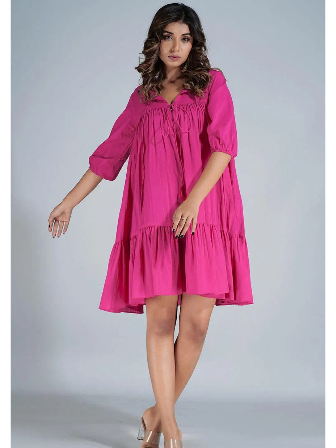 Hot Pink Cotton Mini Tier Dress