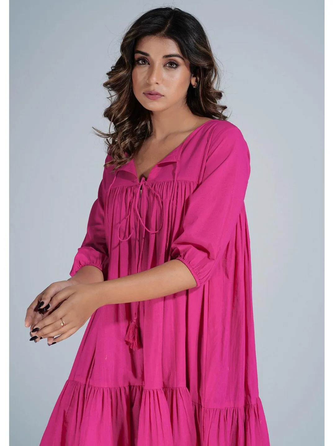 Hot Pink Cotton Mini Tier Dress