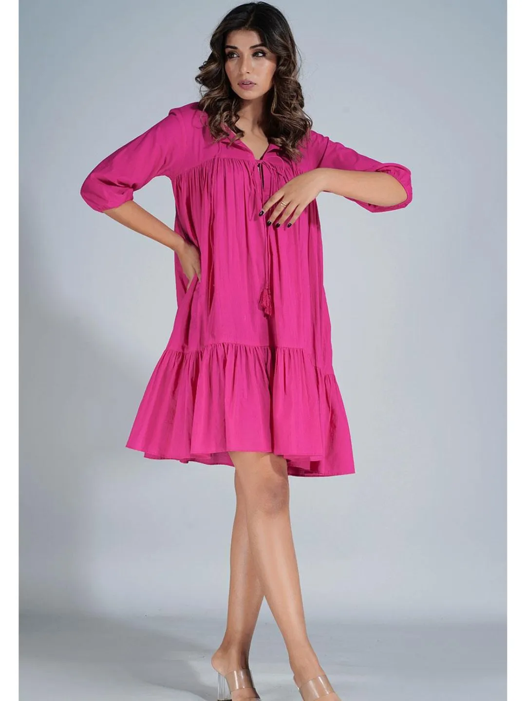 Hot Pink Cotton Mini Tier Dress