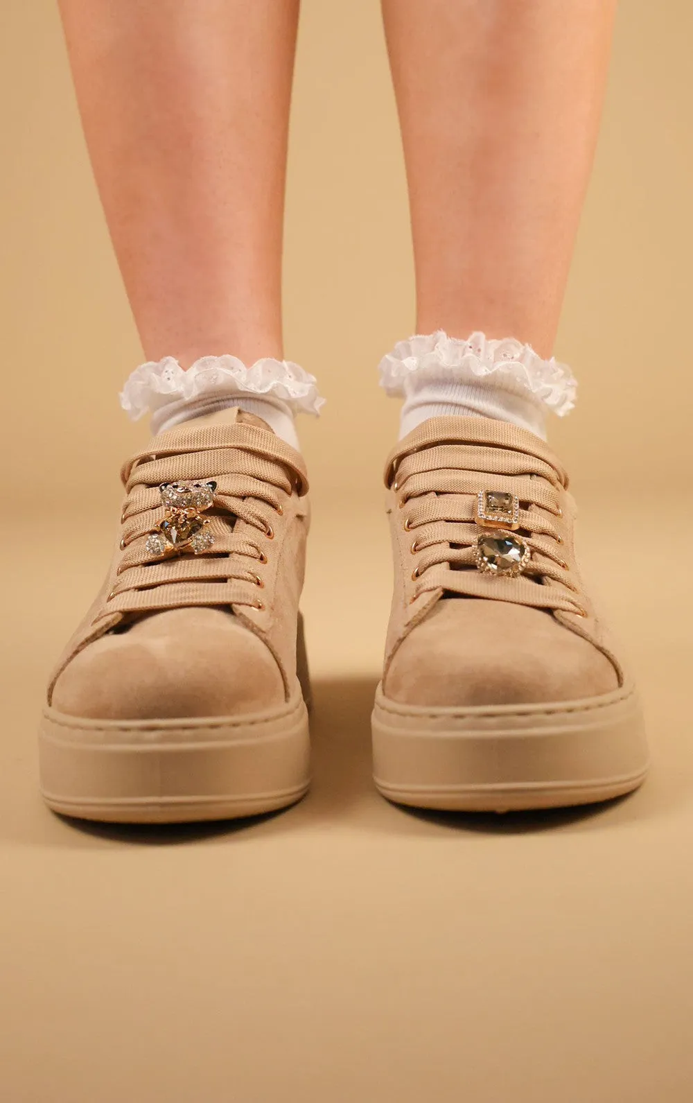Khaki Faux Suede Flatform With Decorative Details Trainers