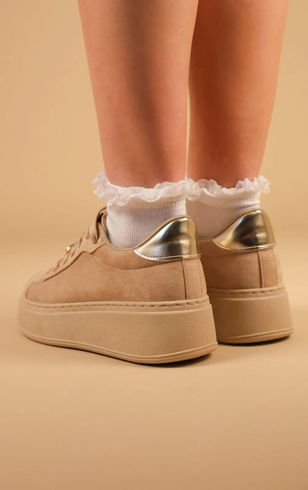 Khaki Faux Suede Flatform With Decorative Details Trainers