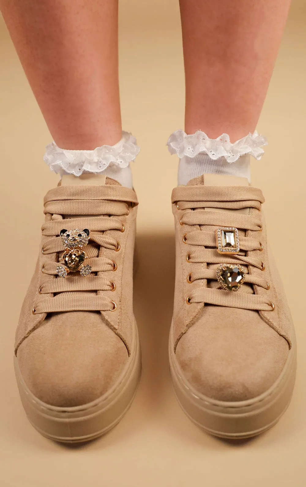 Khaki Faux Suede Flatform With Decorative Details Trainers