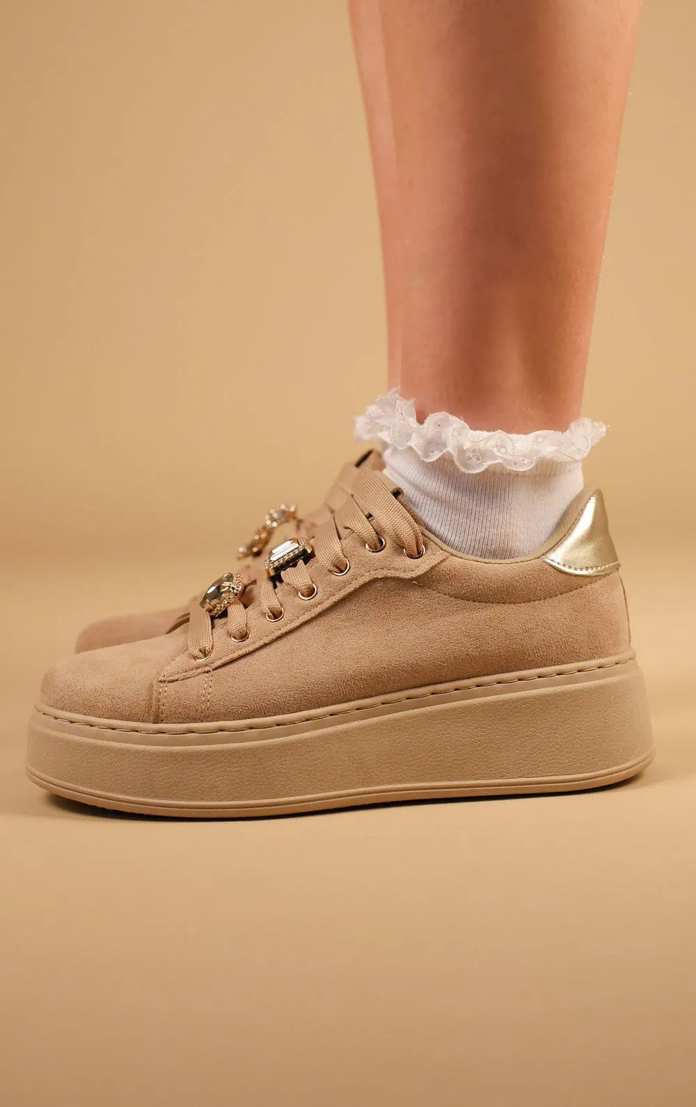 Khaki Faux Suede Flatform With Decorative Details Trainers