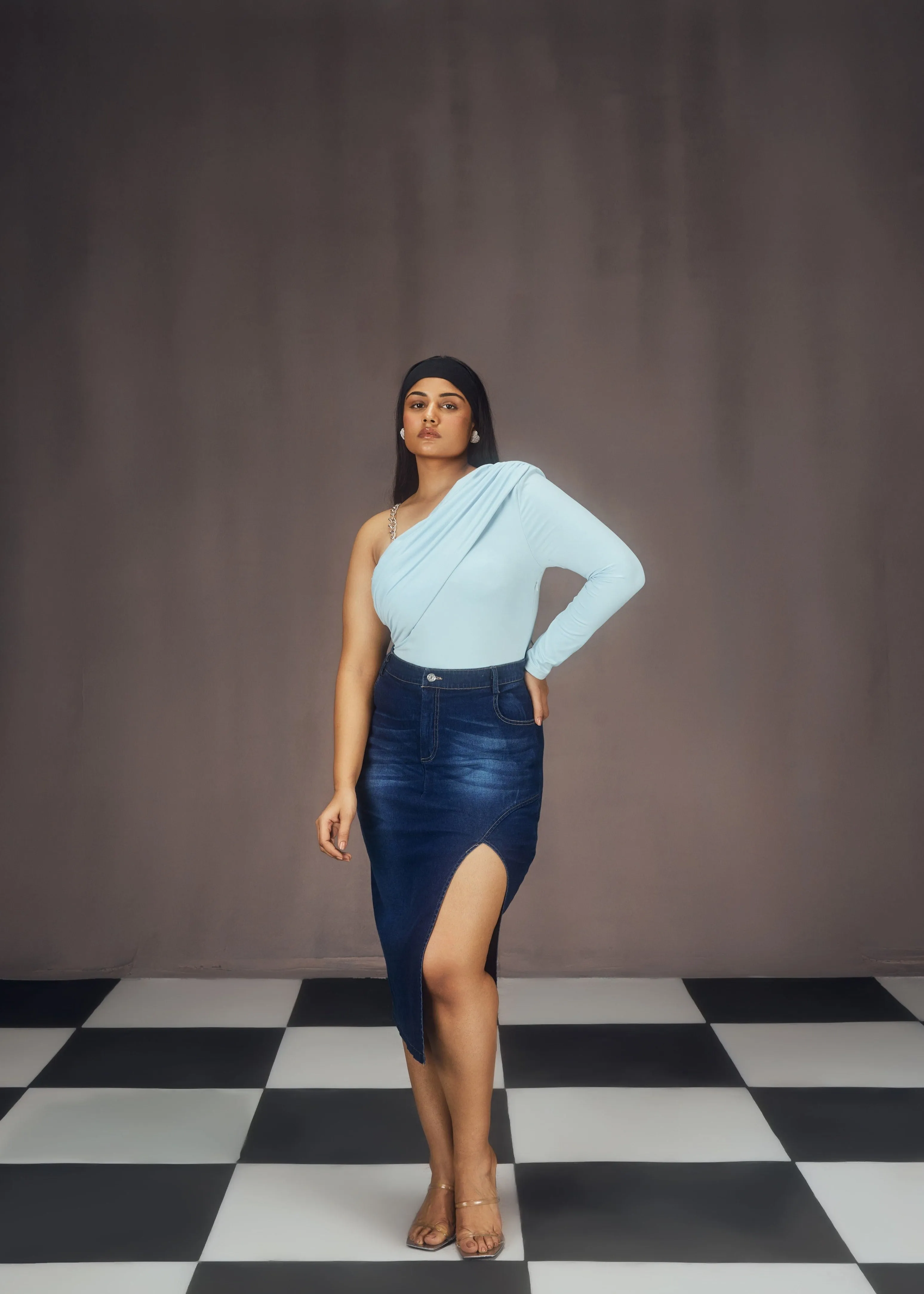 Lisa Blue Asymmetrical Chain Strap Bodysuit and Slit Denim Midi Skirt