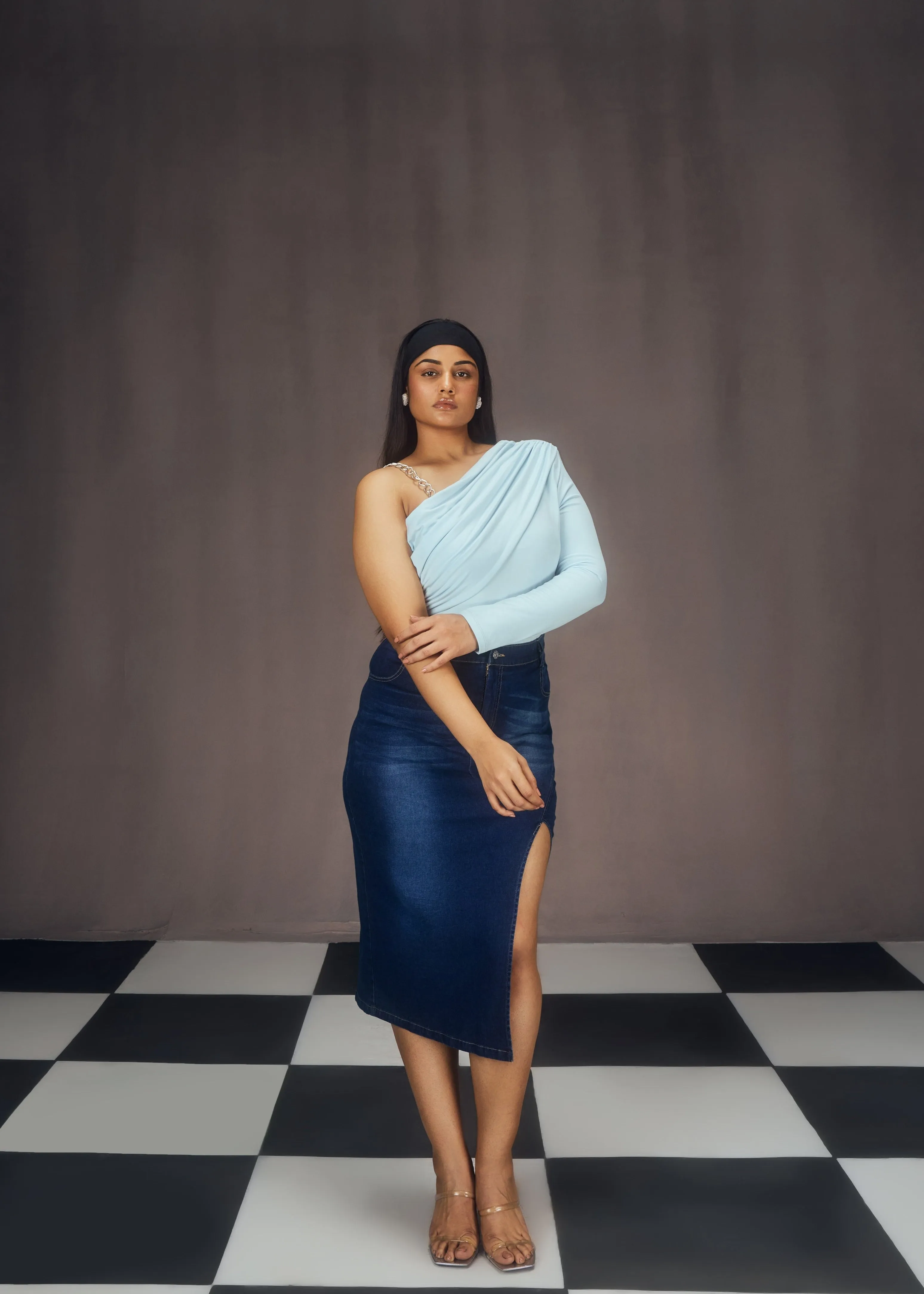 Lisa Blue Asymmetrical Chain Strap Bodysuit and Slit Denim Midi Skirt
