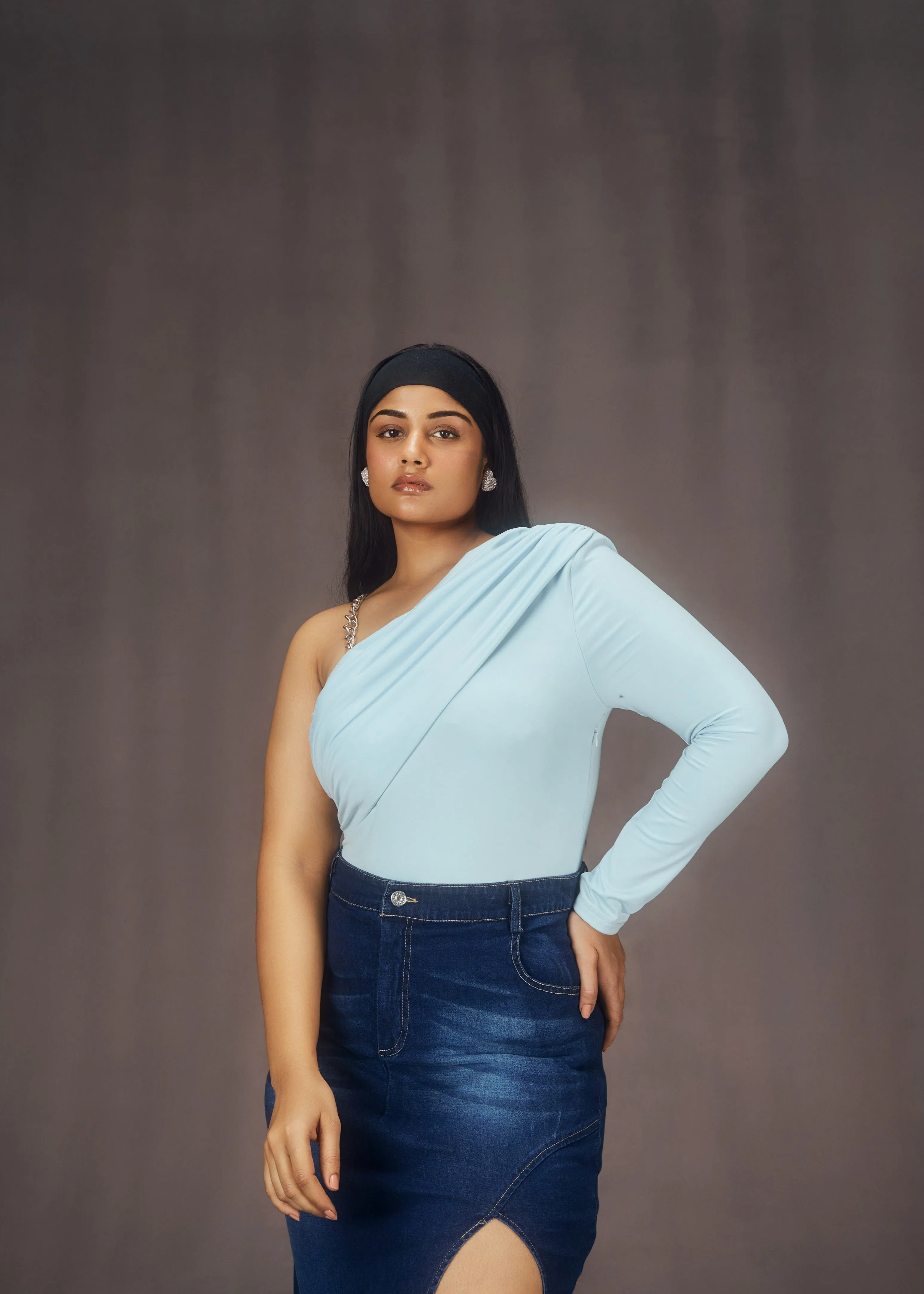 Lisa Blue Asymmetrical Chain Strap Bodysuit and Slit Denim Midi Skirt