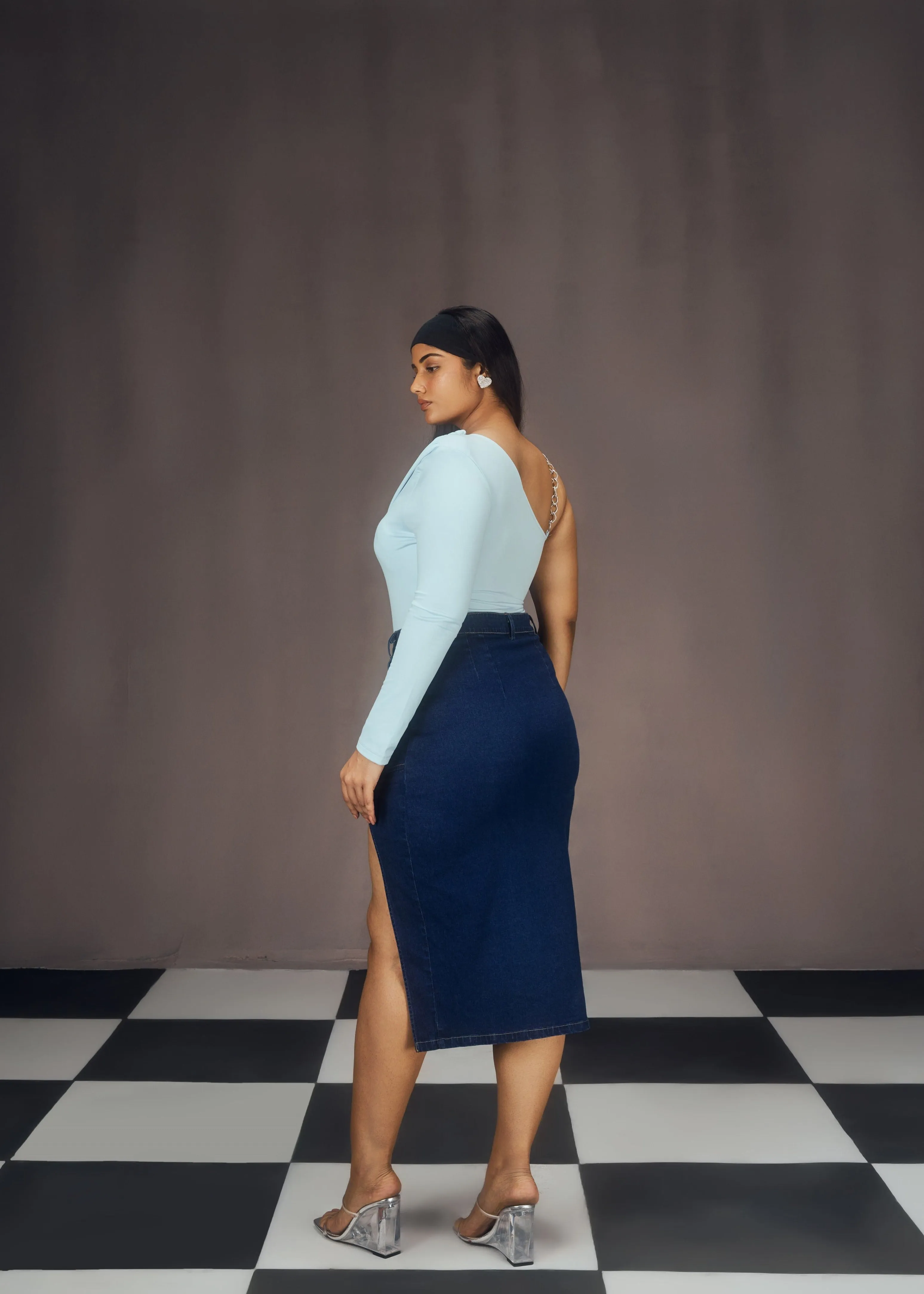 Lisa Blue Asymmetrical Chain Strap Bodysuit and Slit Denim Midi Skirt