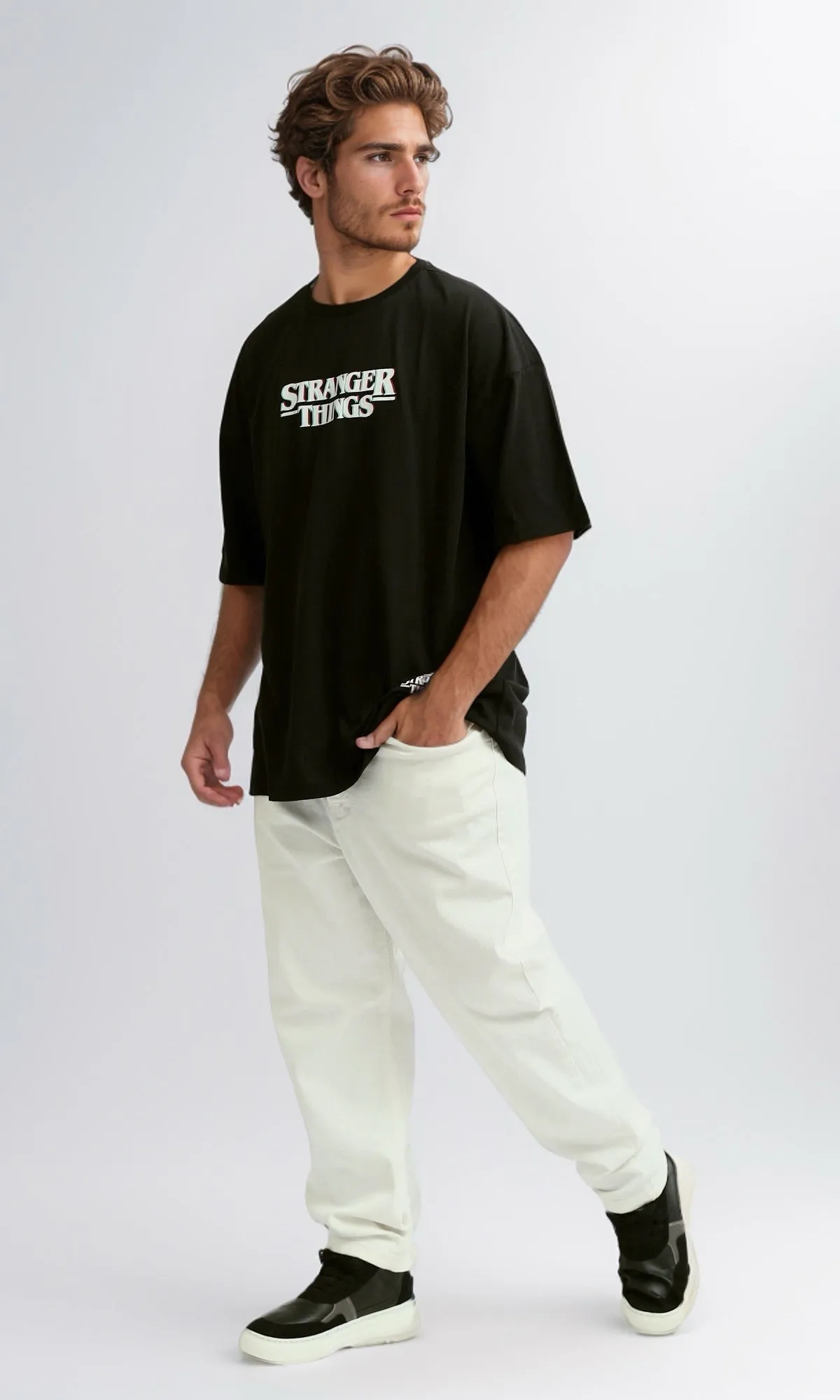 O182430 Black Casual Tee With Elbow-Sleeves